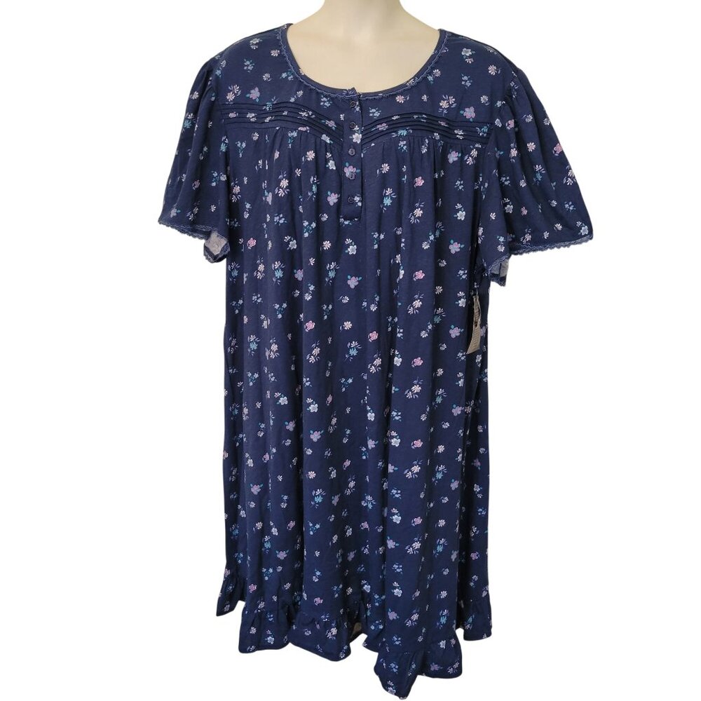 Dreams Co Blue Floral Nightgown 4X Cotton Long Modest House Dress Lounge